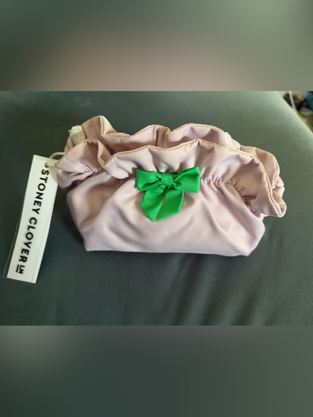 Brand new With Tags Stoney Clover Lane Lavender Satin Pouch with Green Bow